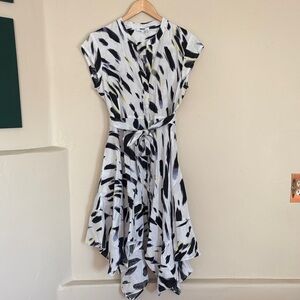 DKNY Asymmetrical Dress in Black and White With Splashes of Purple and Yellow